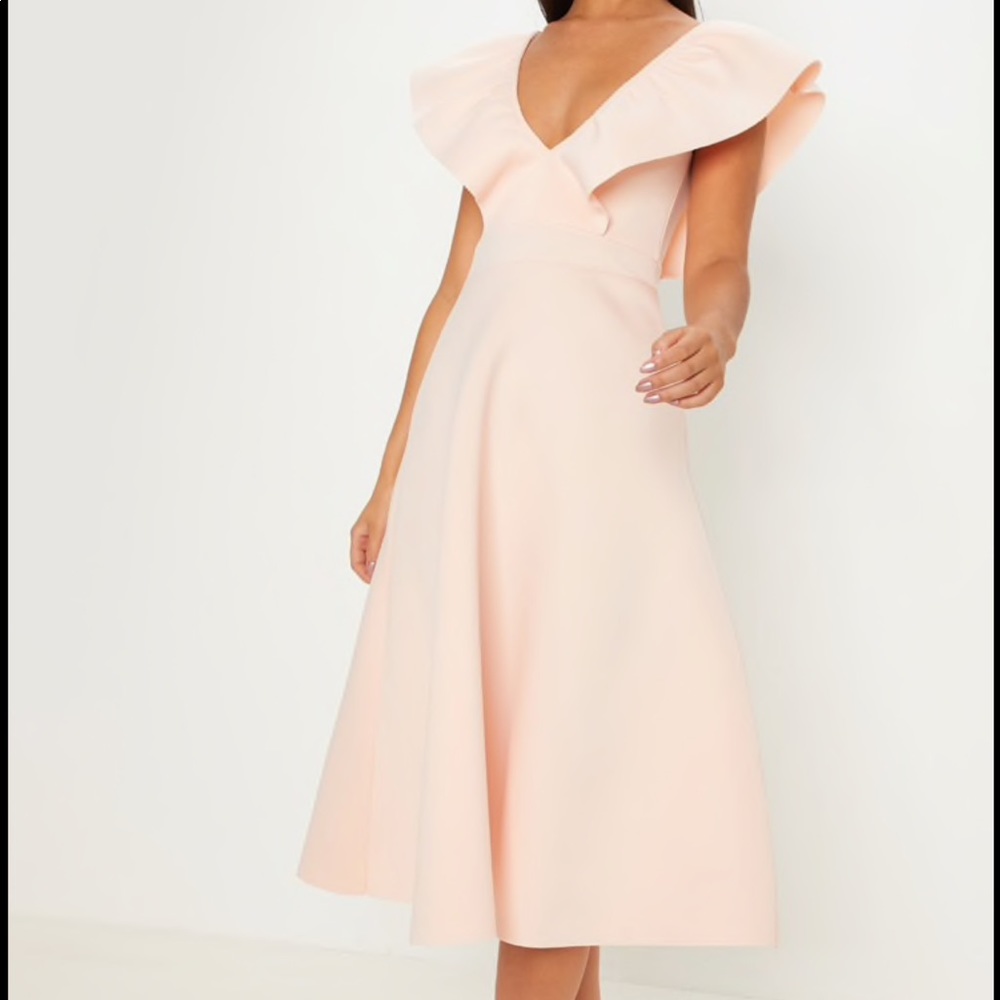 Nude Plunge Ruffle Skater Midi Dress
